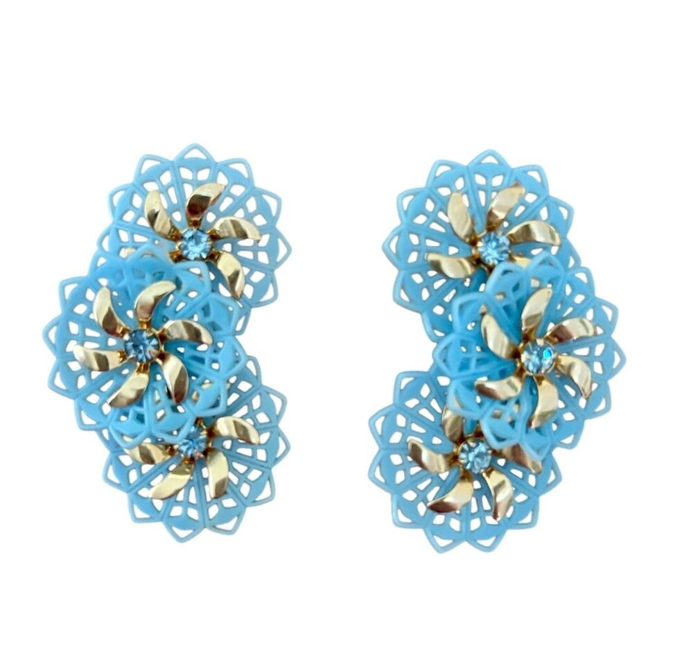 Vintage 1960s Blue Flower Clip On Earrings 2" Rhinestone Center Statement